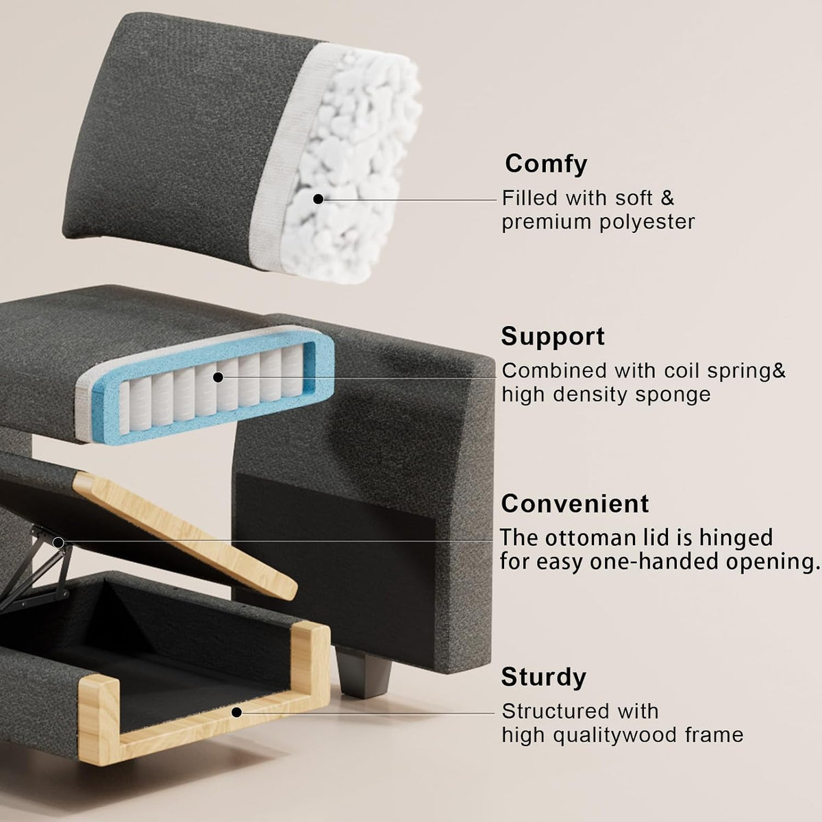 belffin 28.7" storage ottoman bench for footrest entryway, side view