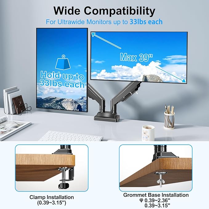 ErgoFocus Dual Monitor Mount for Screens up to 43", Heavy Duty Ultrawide Dual