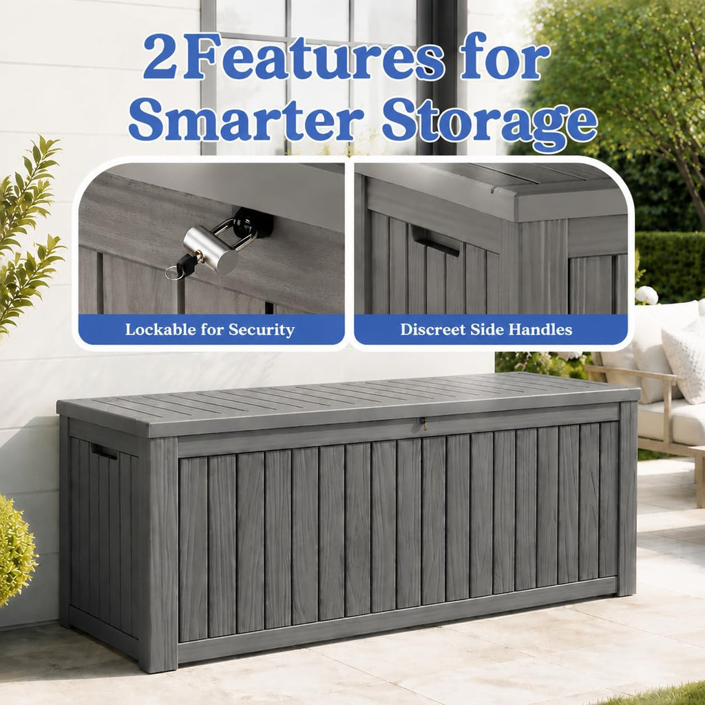outdoor deck storage box,waterproof,grey,220 gallon, close-up detail