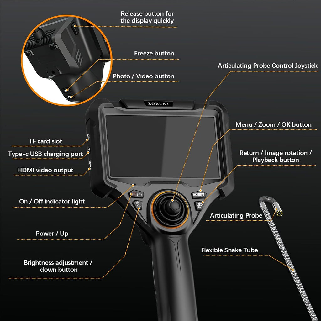3.9mm 4-way articulating borescope with light, 5" ips, front angle view