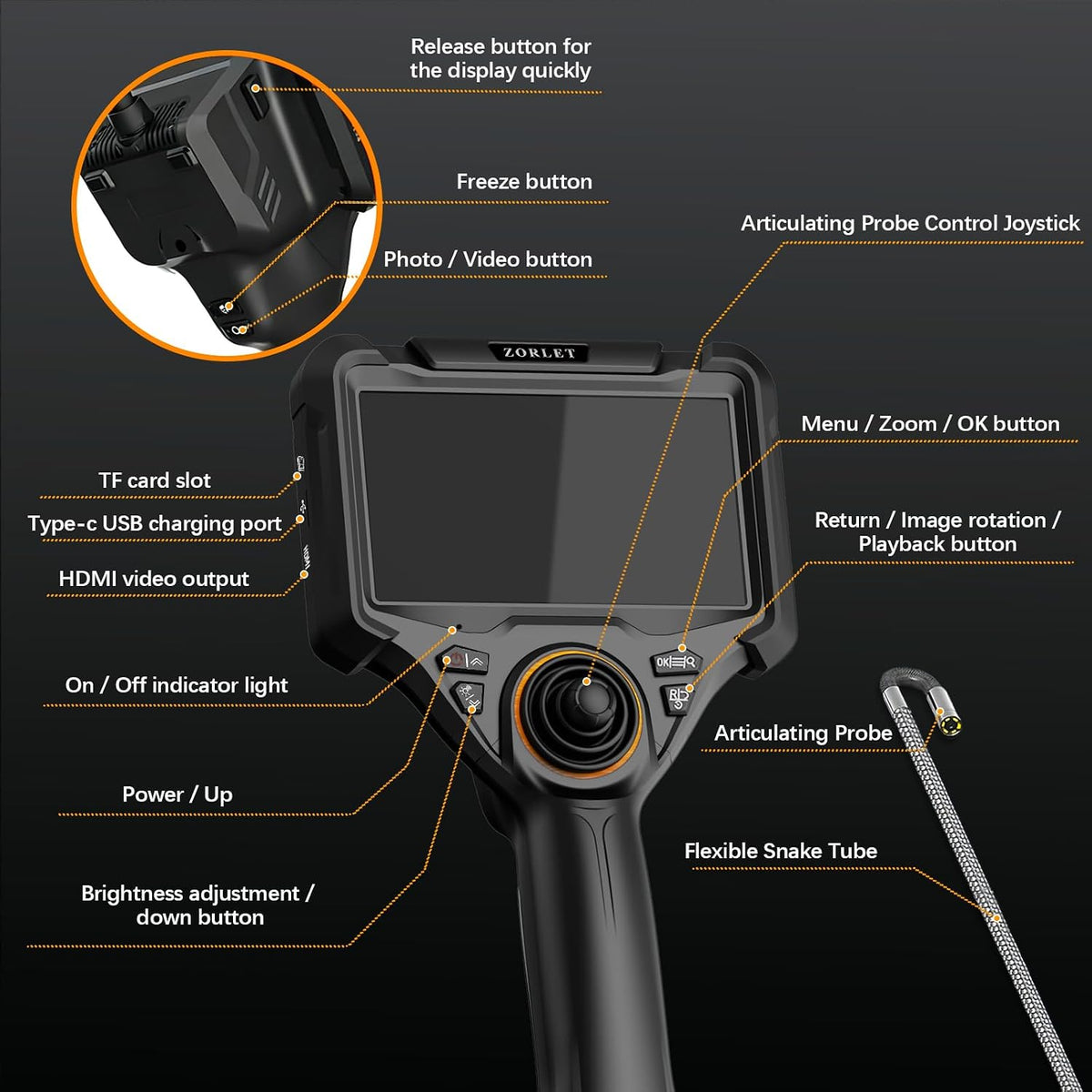 3.9mm 4-way articulating borescope with light, 5" ips, front angle view