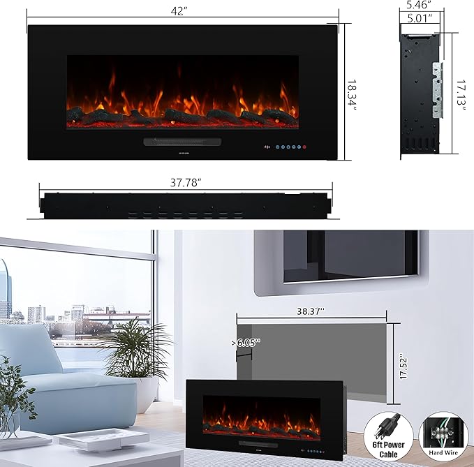 36" Electric Fireplace Inserts, Recessed & Wall Mounted Fireplace Heater