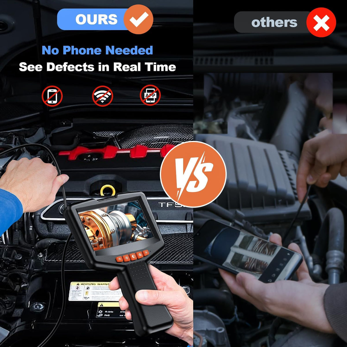 endoscope camera with light: 4.3" 1080p hd inspection showing dimensions