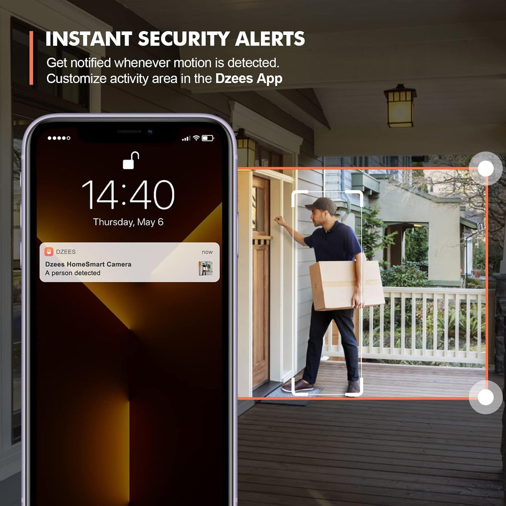 dzees 360° ptz security cameras wireless outdoor wifi showing dimensions