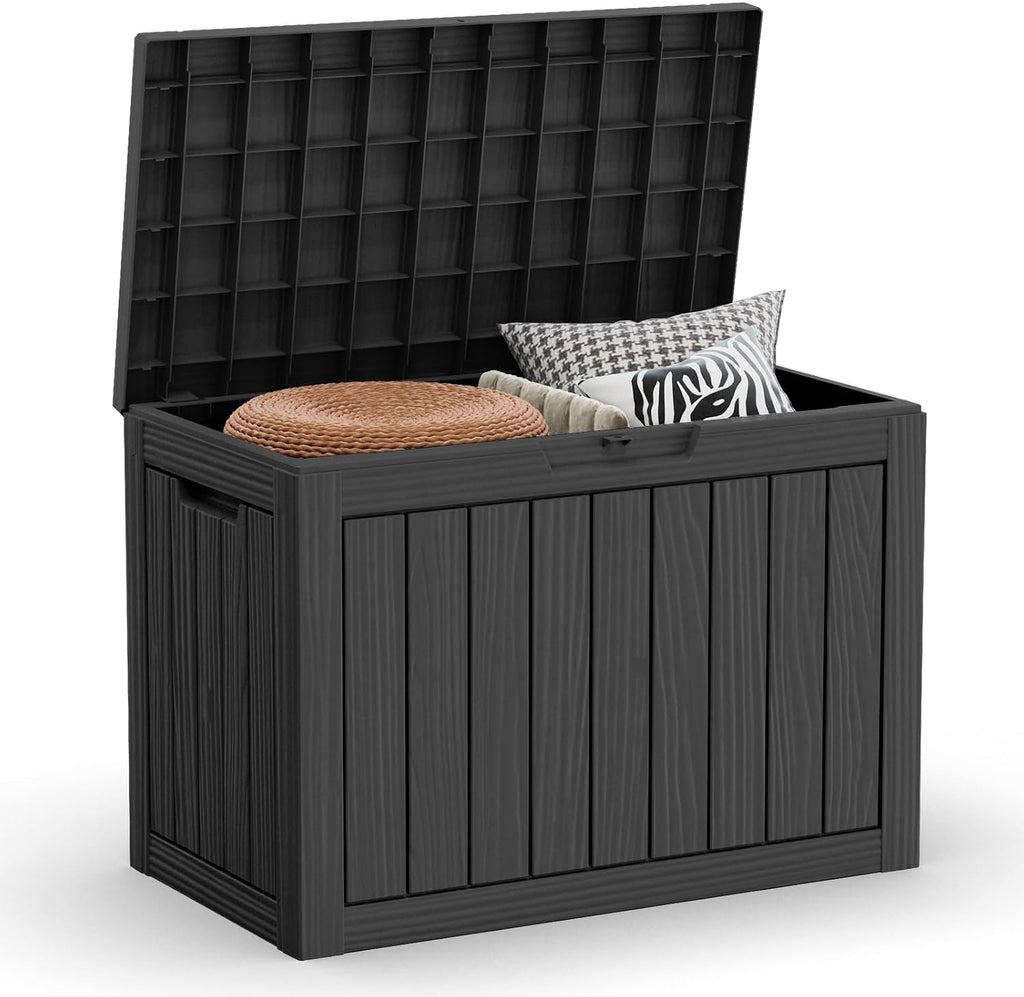 Deck Box Large Outdoor Storage for Patio Furniture, Outdoor Cushions, Garden Tools and Pool Supplies, Waterproof, Resin, Lockable (Black, 47 Gallon)