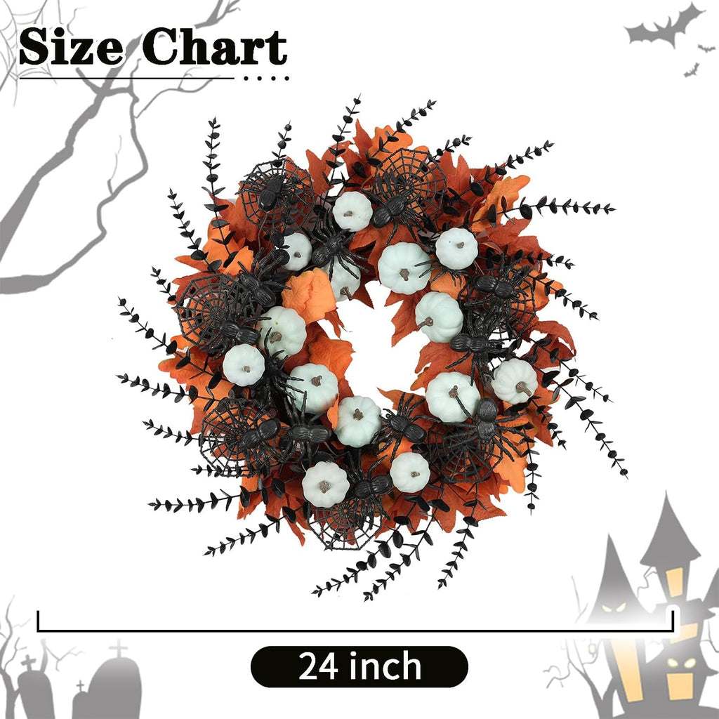 Idyllic 24" Halloween Wreath Pumpkins Maple Black Spiders for Front Door