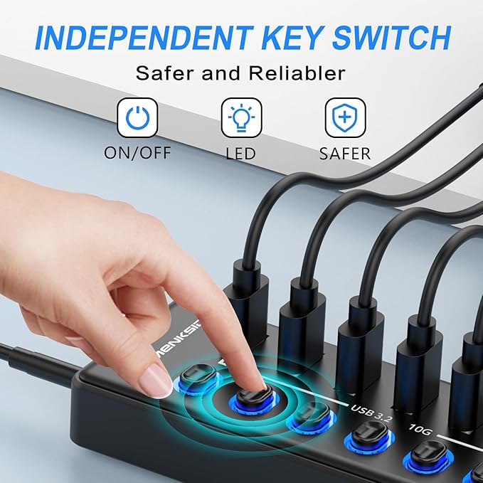 Powered USB Hub, MENKSID 11-Port USB Hub, 7 USB 3.2 Data Transfer Ports + 4