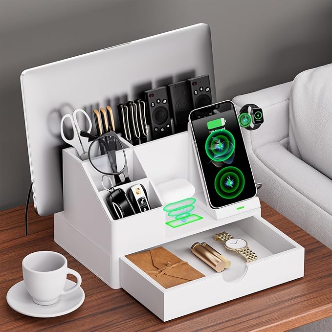 Sleek White PU Leather Charging Station
