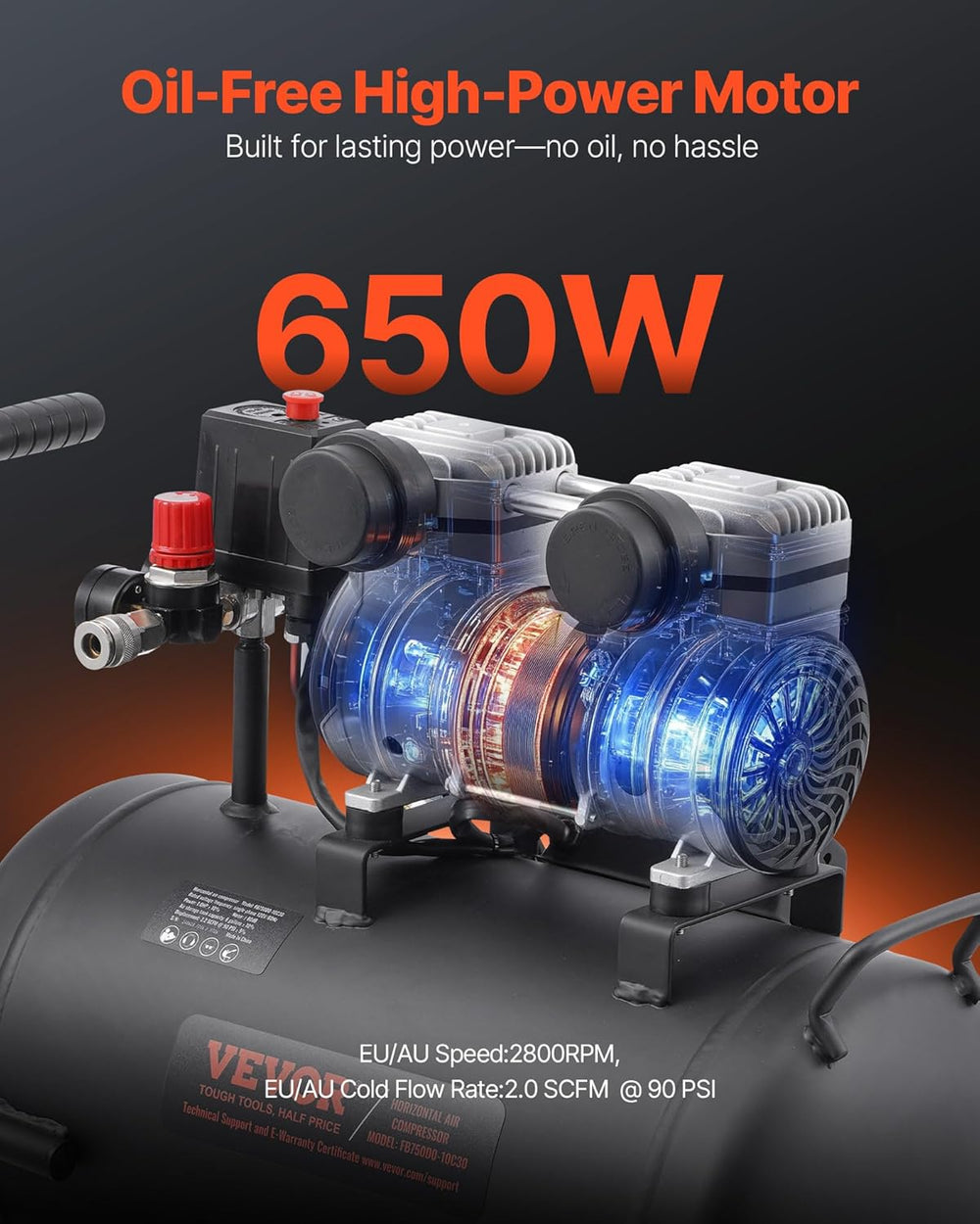 VEVOR Air Compressor, 8 Gallon Steel Tank, 1HP 2.2 CFM@90 PSI Oil Free Air Co...
