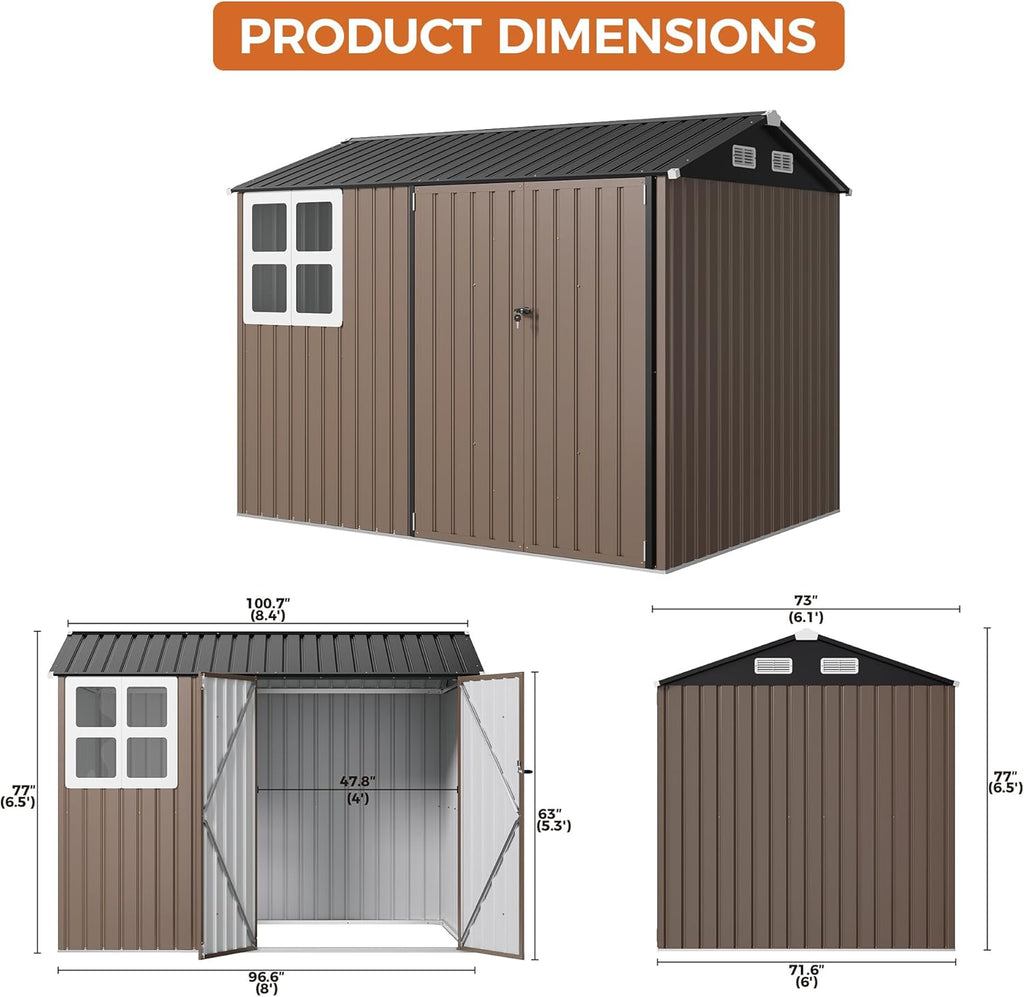 IRONCK 8x6FT Outdoor Storage Shed with Clear Window, Outdoor Shed, Brown