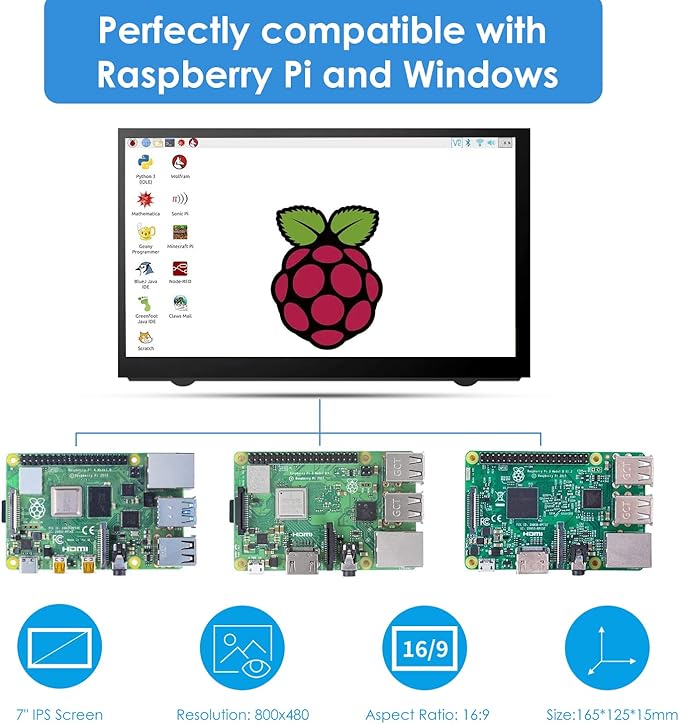HMTECH 7 Inch Raspberry Pi Screen 800x480 HDMI Portable Monitor IPS LCD Screen
