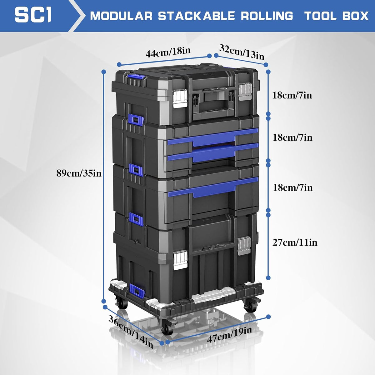 airaj 5 tier stackable tool box with wheels shown in use