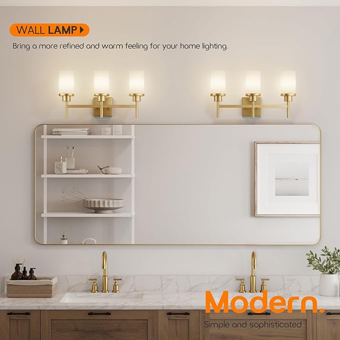 AONEON Bathrom Light Fixtures Modern Gold 3 Vanity Lights Over Mirror, Wall