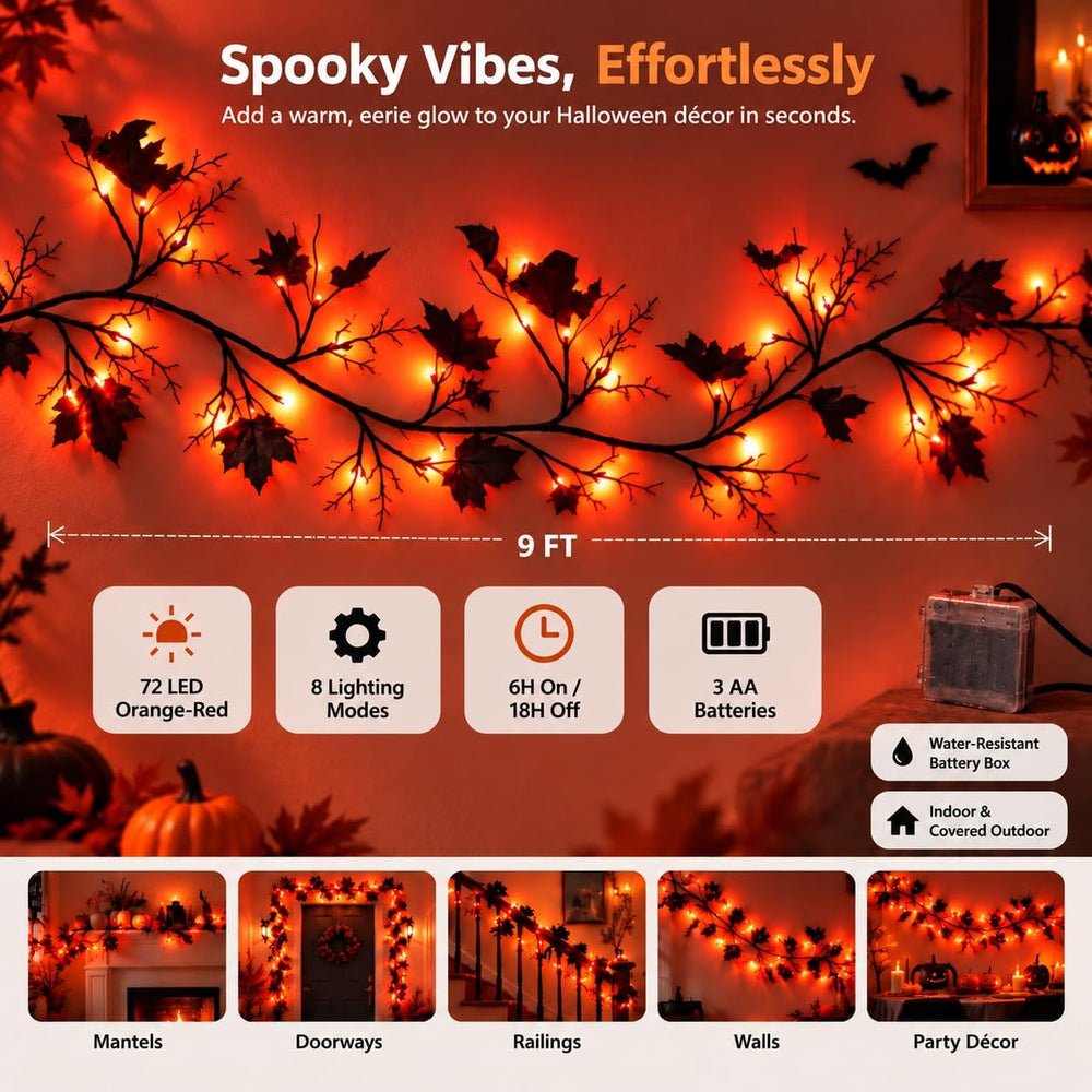 Halloween Garland with Orange Lights, 9 FT Black Maple Leaves, 72 LEDs