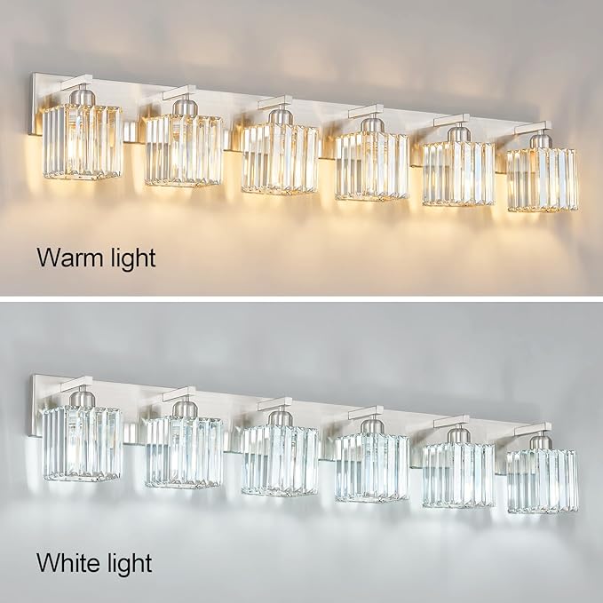 FDPBY Modern Vanity Light 6-Lights Brushed Nickel Vanity Light Crystal Bathroom