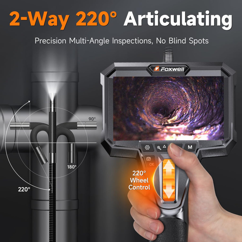 foxwell 2-way 220° articulating borescope camera with light, close-up detail