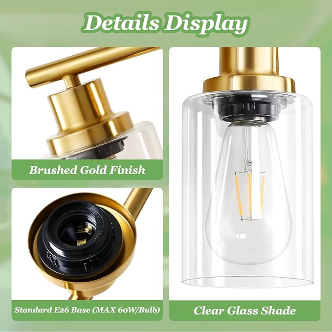 Guliaofo 6-Light E26 Gold Bathroom Vanity Lights, Modern Bathroom Light Fixtures