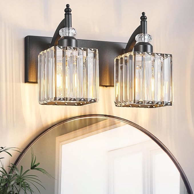 BBLLWJ Modern Bathroom Vanity Light 2-Light Black Crystal Light Fixtures Over