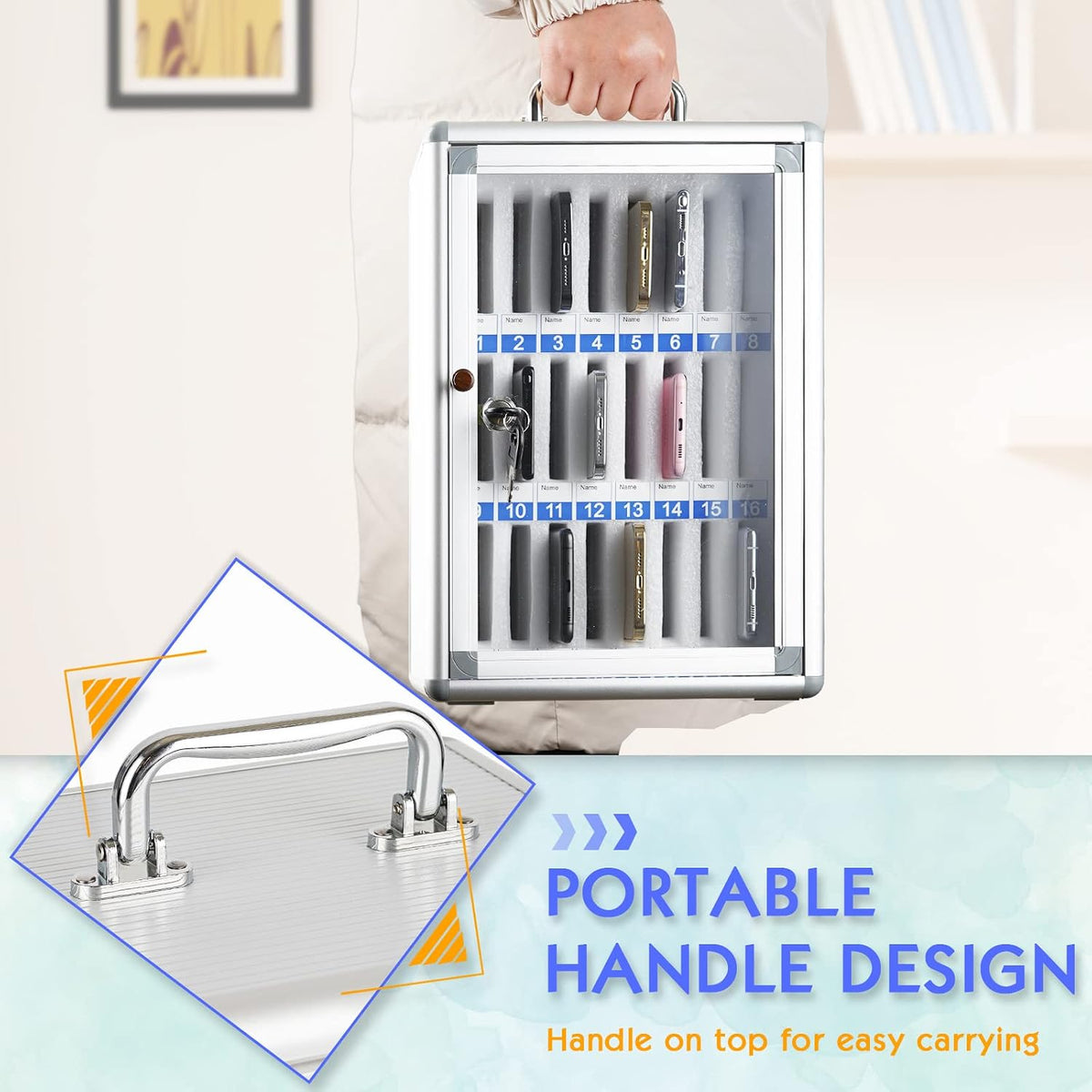 24 slots aluminum alloy cell phone locker, phone on a desk or shelf