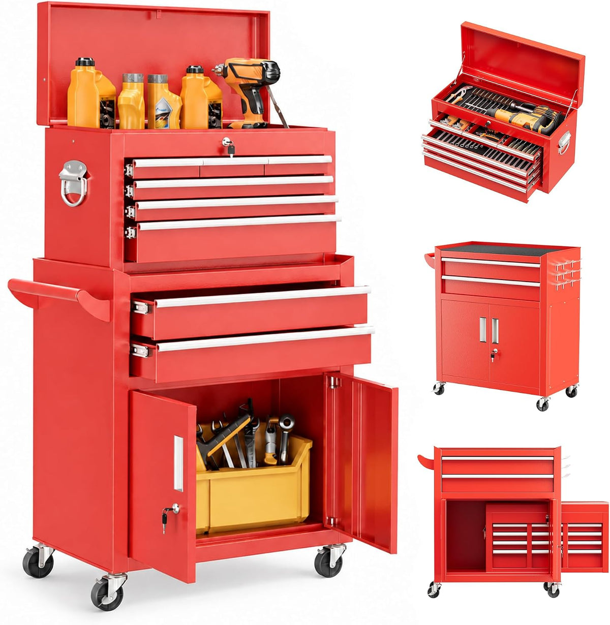 Bonusall 8 Drawer Rolling Tool Chest and Cabinet Combo,Heavy-Duty Metal Garage Tool Chest with Wheels and 2 Doors,2-in-1 Top Box and Roller Cabinet Combo for Garage, Workshop, Warehouse-Red
