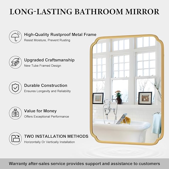 30" x 40"Gold Bathroom Mirror for Over Sink, Modern Rounded Corner Rectangle