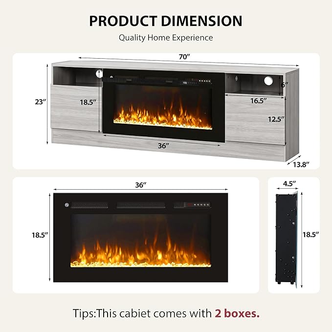 YISUFO 70" TV Stand with 36" Electric Fireplace, Large Modern Media