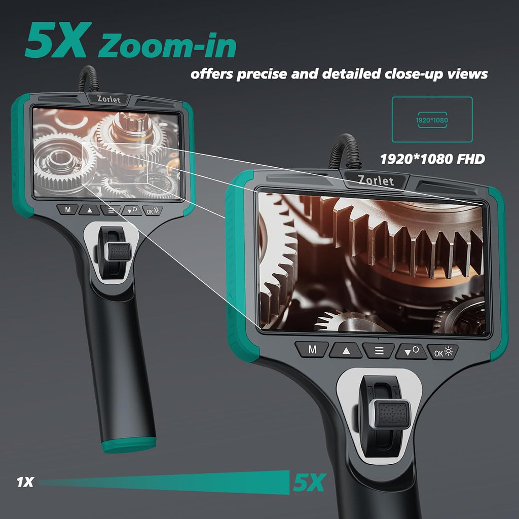 2-way articulating borescope, 0.25in/6.3mm probe, 5" screen, 5ft on a desk or shelf