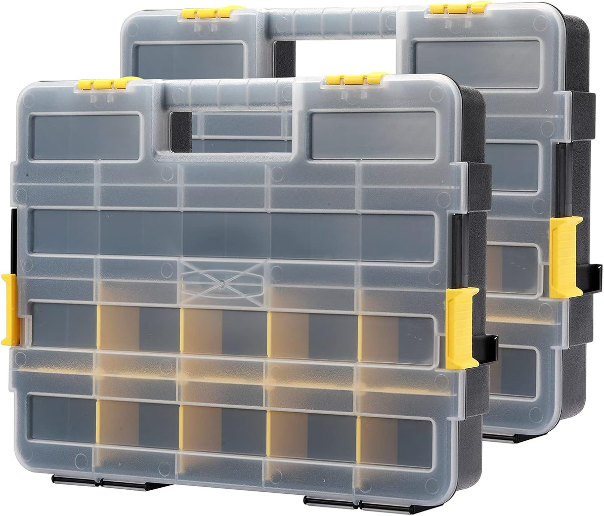 mayouko stackable plastic toolbox organizer, interlocking small parts shown in use