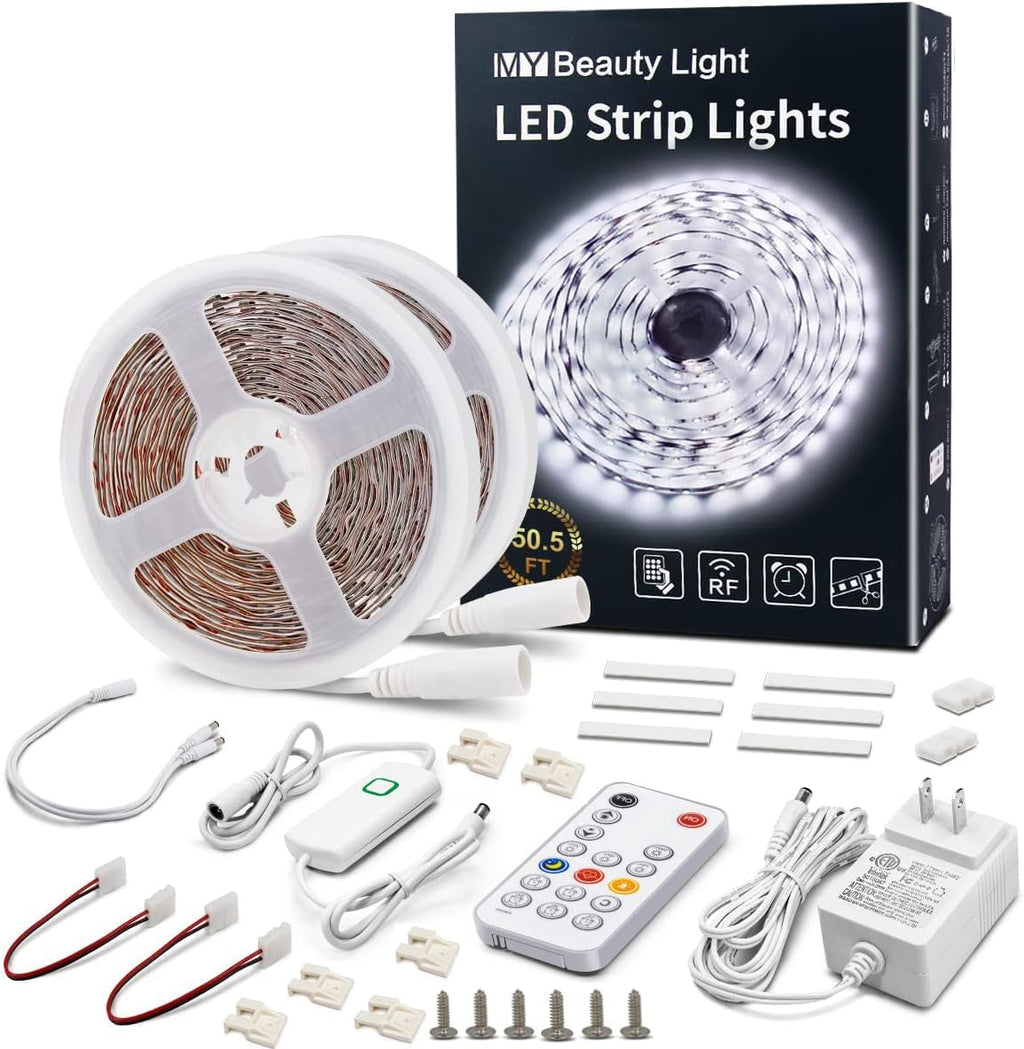 MY BEAUTY LIGHT LED Strip Lights White, 50.5ft Dimmable LED Light Strip