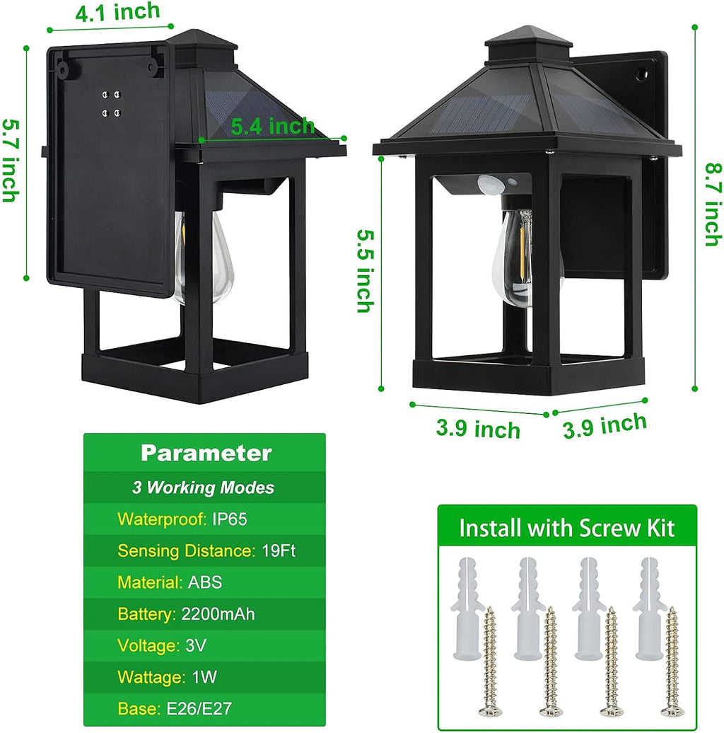 solar wall lanterns outdoor with 3 modes, dusk, front angle view