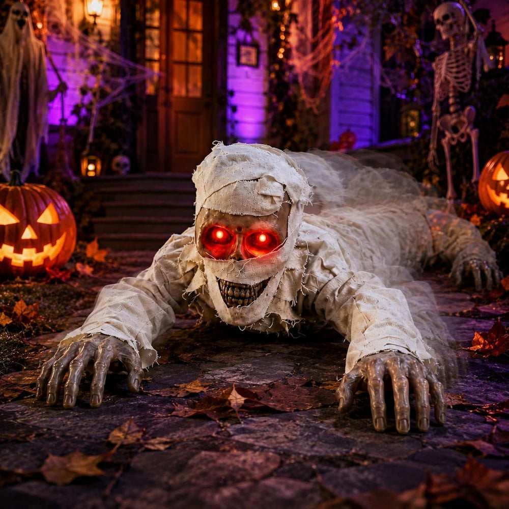 Sound Activated Crawling Mummy Halloween Decoration, Skeleton Face Prop
