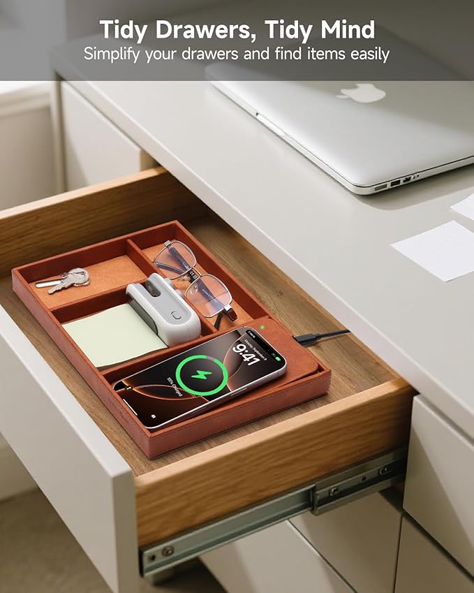 Valet Tray, Built in Wireless Charging Pad, Nightstand Organizer, Two-Toned