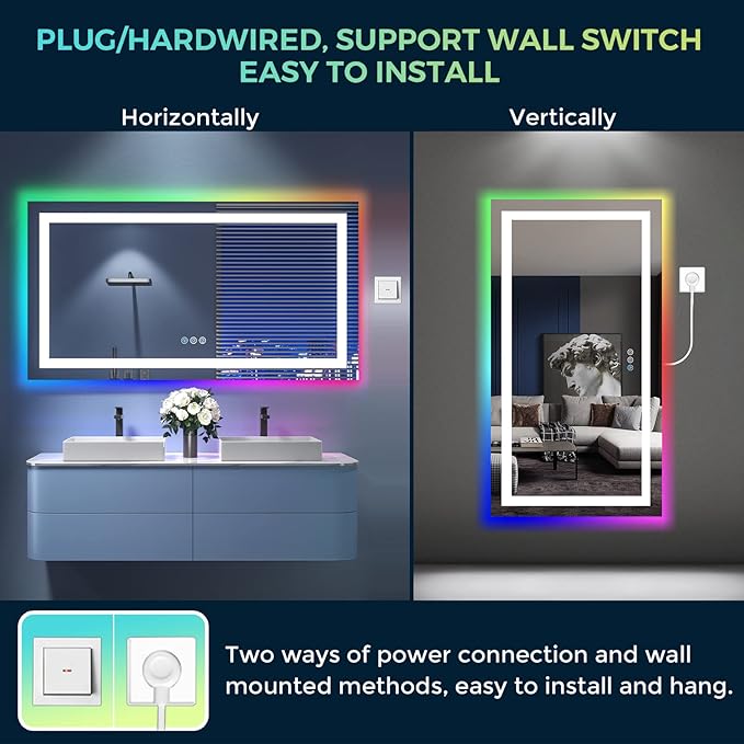 YEELAIT 55x30 Inch RGB LED Bathroom Mirror Front Light and RGB Backlit Lighted