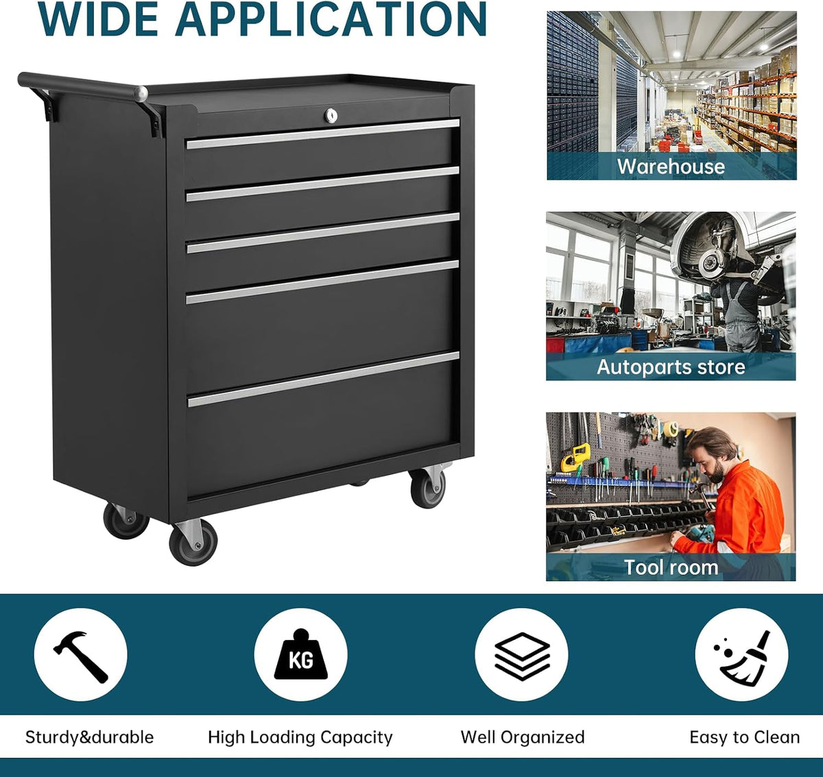 5-Drawer Rolling Tool Chest, Heavy Duty Tool Storage Cabinet with Drawers & Locking Mechanism & Wheels, Multifunctional Utility Tool Storage Chest Organizer for Warehouse, Repair Shop.