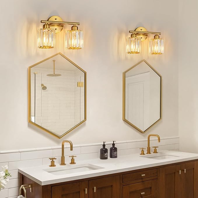 FDPBY Modern 2 Light Crystal Vanity Light, Brushed Gold Vertical Bathroom Light
