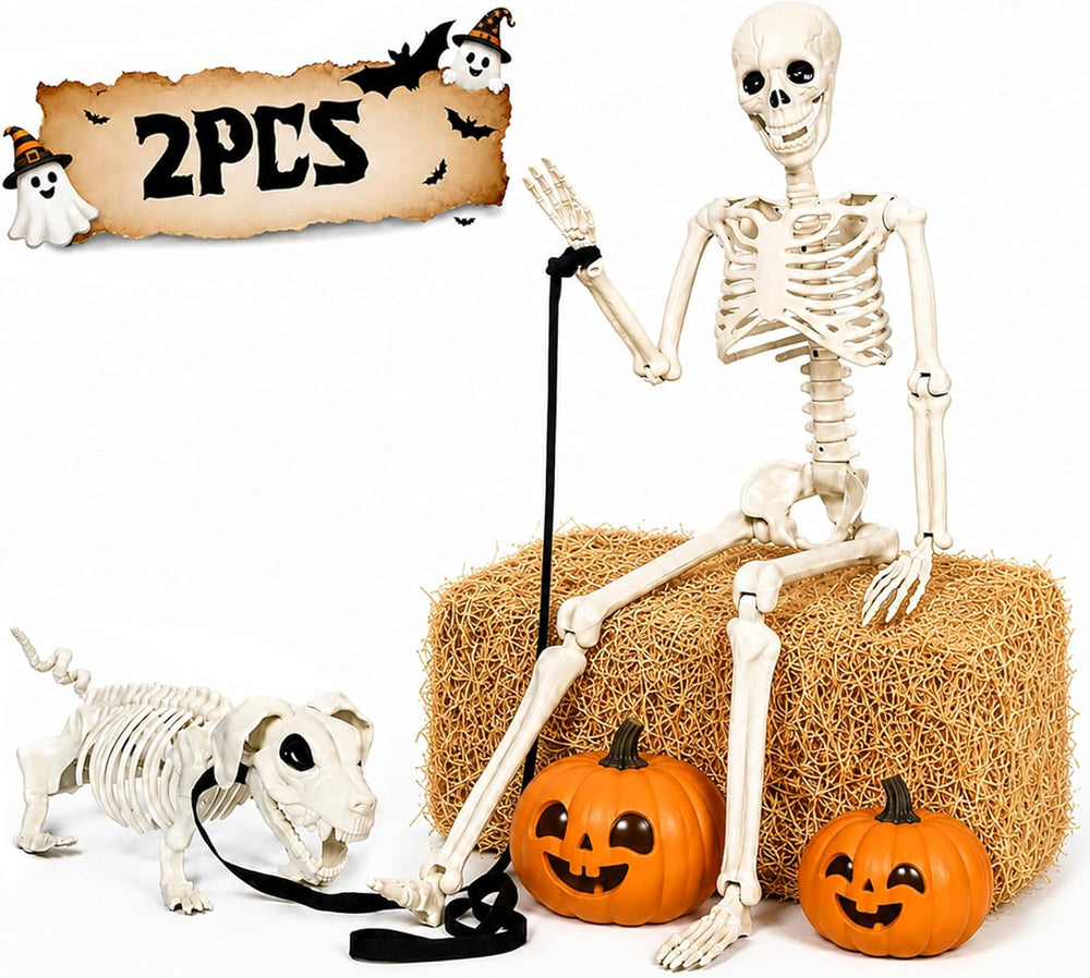 36'' Life-Size Posable Halloween Skeleton Decorations with Dog Skeleton