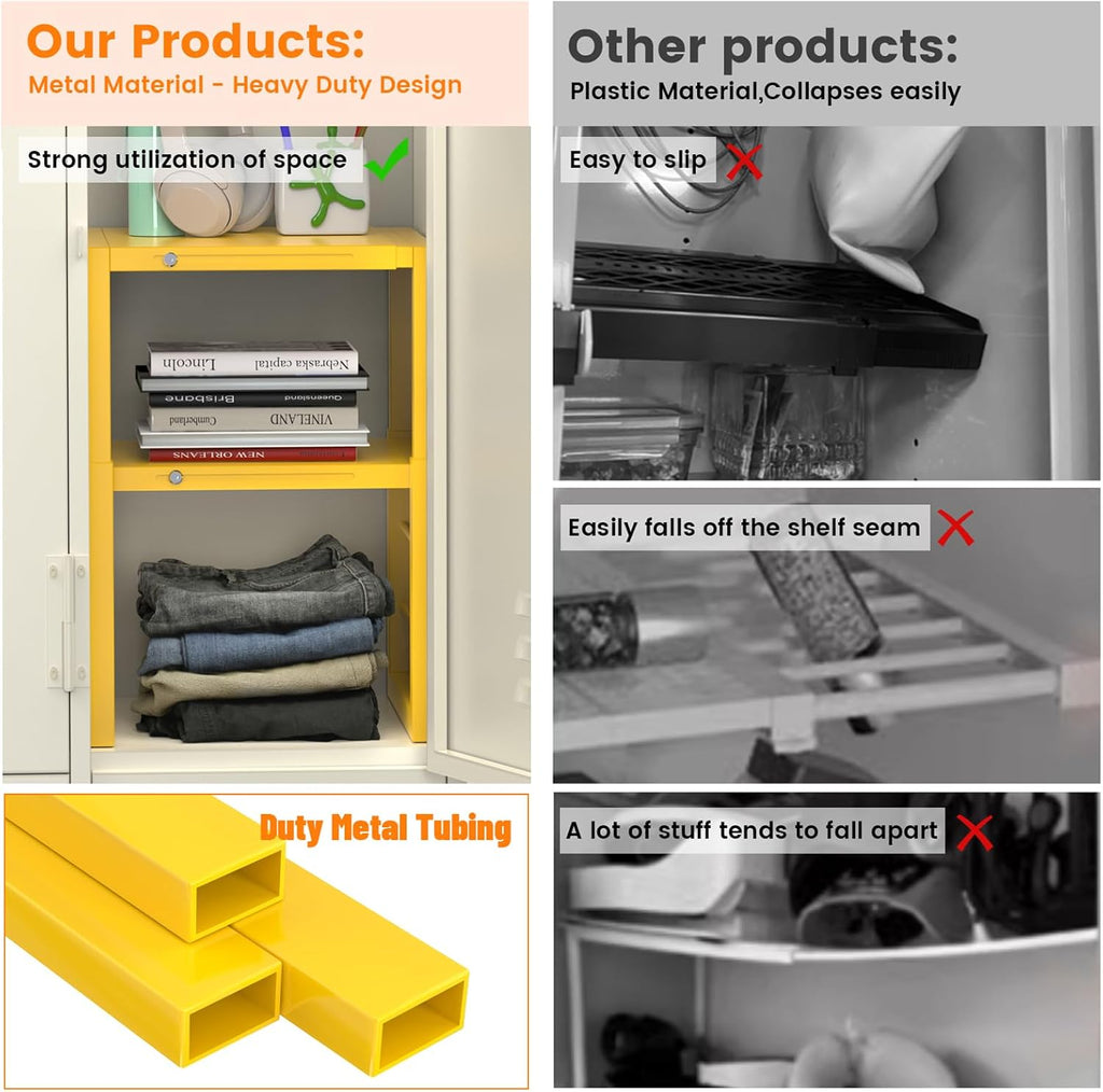 lidtop locker organizer shelf yellow, metal adjustable width showing dimensions