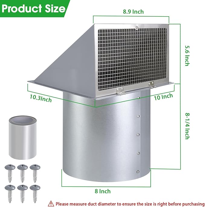 8 inch Hooded Wall Vent with Screen and Damper, Wall Vent Cover Exhaust Vent