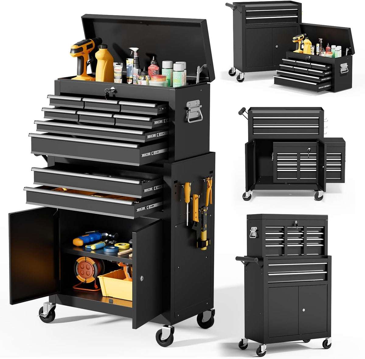 10-Drawer Rolling Tool Chest with wheels, Lockable 2-in-1 Tool Box