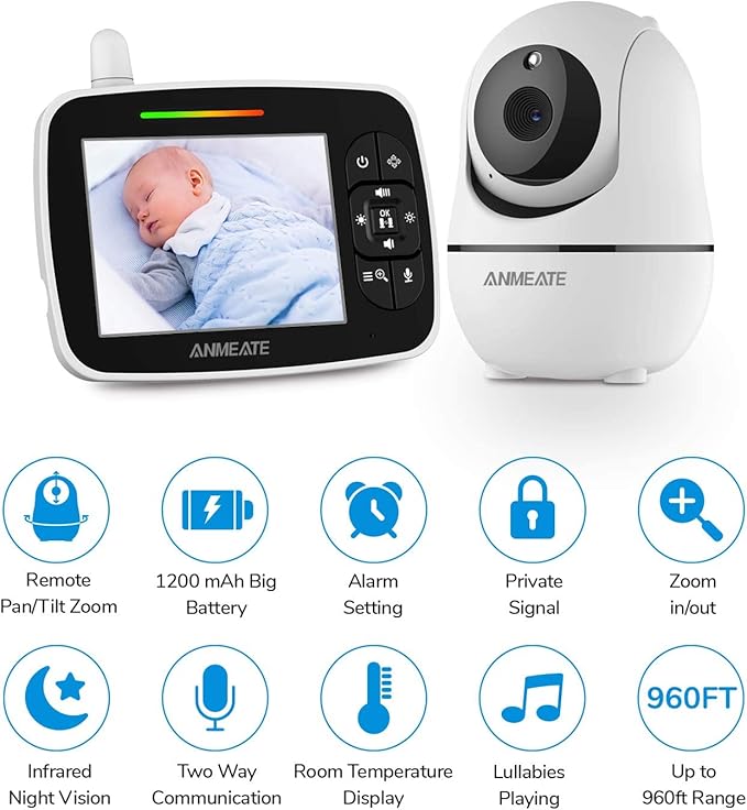 ANMEATE Baby Monitor with Remote Pan-Tilt-Zoom Camera, Large Display Video Baby