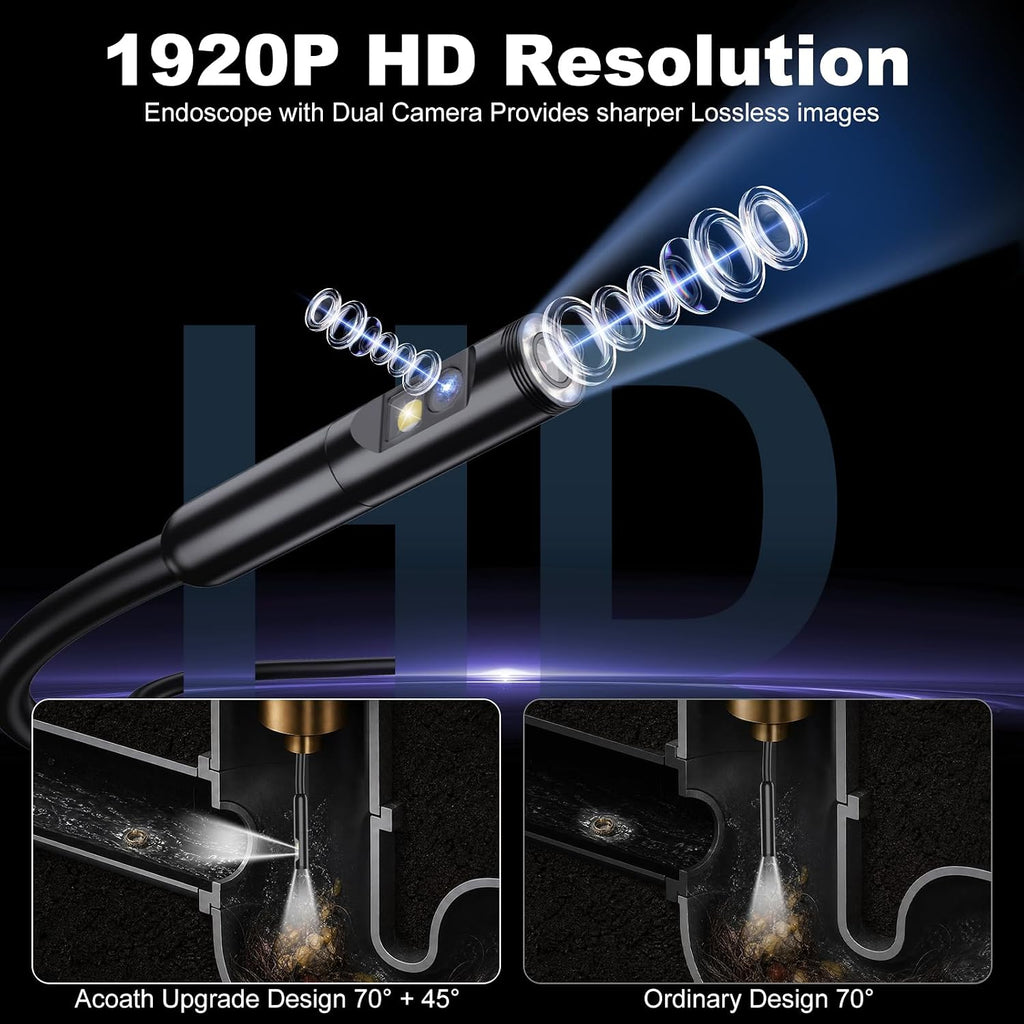 dual-lens endoscope camera with light,1920p hd borescope inspection shown in use