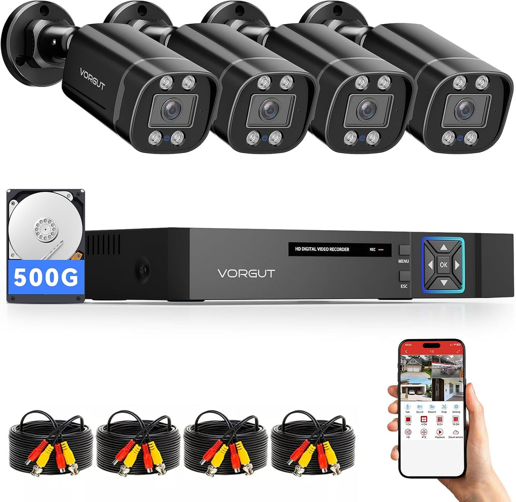 VORGUT Wired Security Camera System Outdoor, 4CH AHD TVI 5MP Lite DVR Recorder