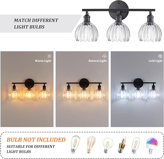 Shenmoyl Bathroom Light Fixtures, 3-Light Black Vanity Wall Light Over Mirror