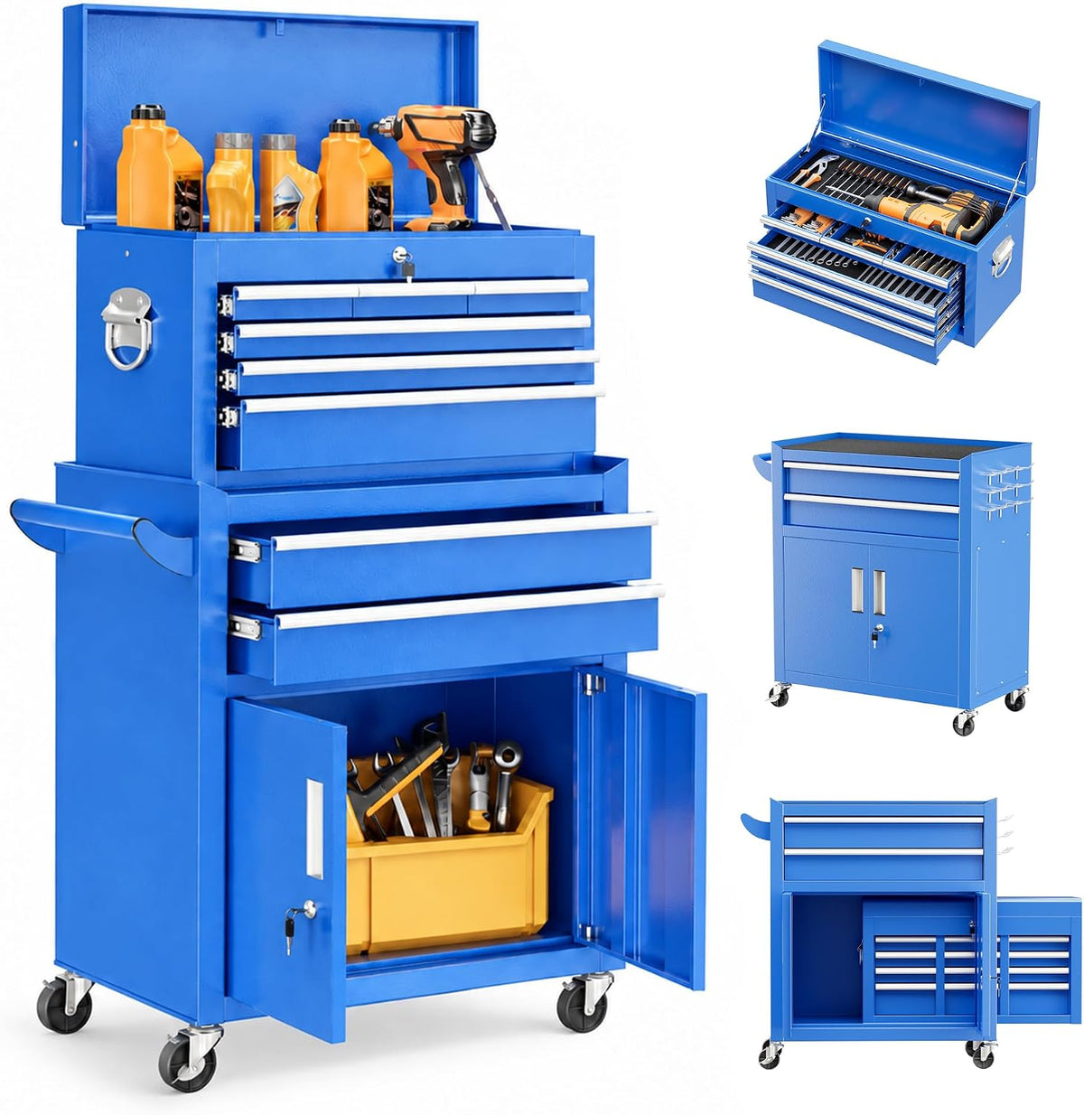 Bonusall 8 Drawer Rolling Tool Chest and Cabinet Combo,Heavy-Duty Metal Garage Tool Chest with Wheels and 2 Doors,2-in-1 Top Box and Roller Cabinet Combo for Garage, Workshop, Warehouse-Blue