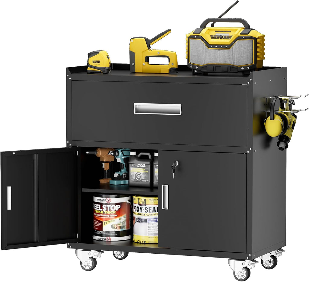 LCAOPC Metal Garage Storage Cabinet with Wheels, Lockable Rolling Tool Cabinet with Drawer, Tool Cabinet on Wheels, Metal Rolling Utility Cabinet for Home, Office, Garage and Workshop, Black