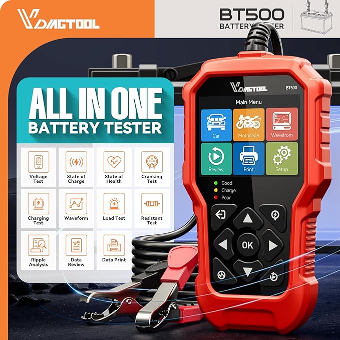 Car Battery Tester 6V 12V 24V VDIAGTOOL BT500, 5-3000 CCA Battery Load Tester