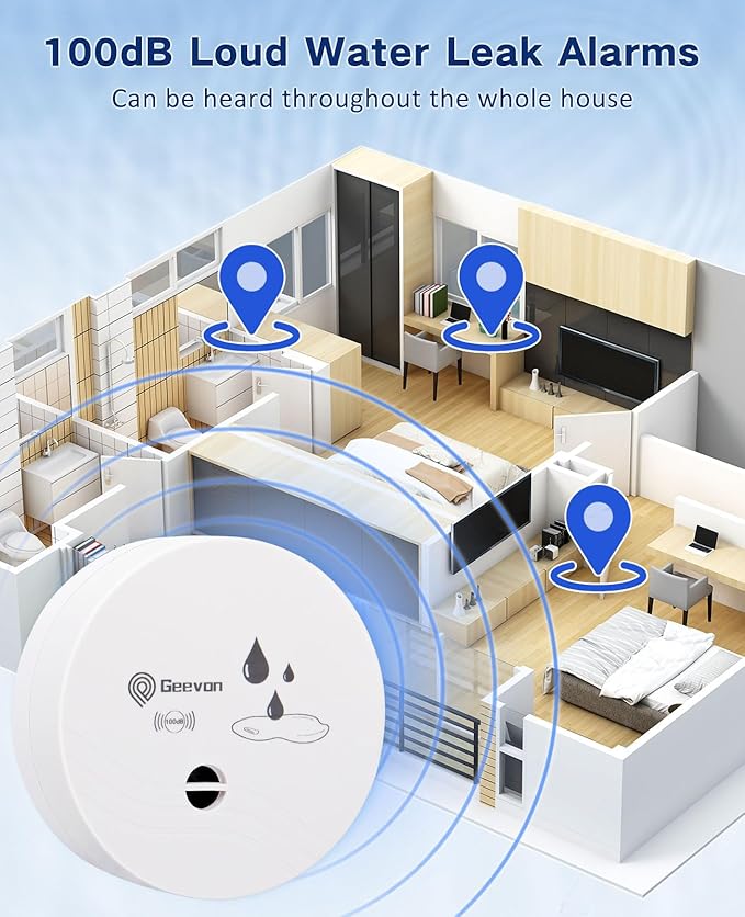 Geevon 10 Pack Water Leak Detectors, 100dB Water Sensor Alarms Flood Detector