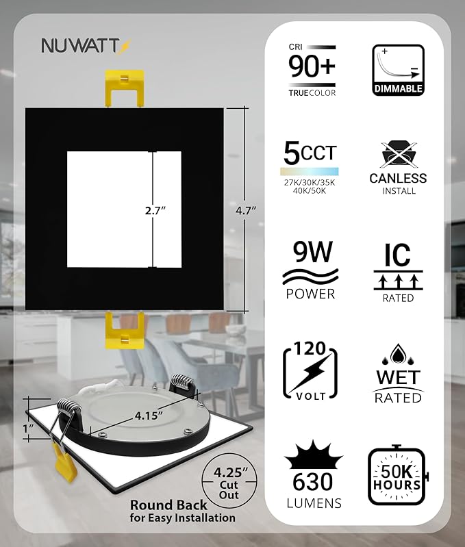 NUWATT 12 Pack 4 Inch Square Ultra-Thin LED Recessed Lighting, Selectable