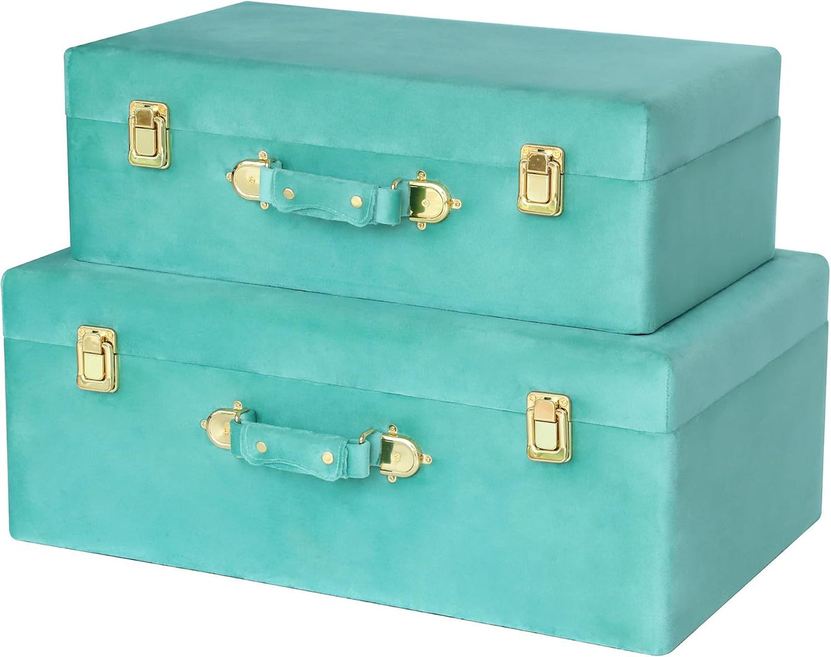 HofferRuffer Velvet Storage Trunks with Wood Frame, Set of 2 Storage Chests with Handles, Bedroom Organizer Nesting Upholstered Decorative Boxes Hinged Lid with Gold Hardware Accents (Green Trunks)