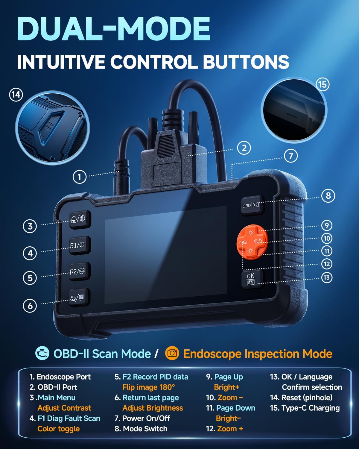 2-in-1 Enhanced OBD2 Scanner & Endoscope Camera with Light, 1080P
